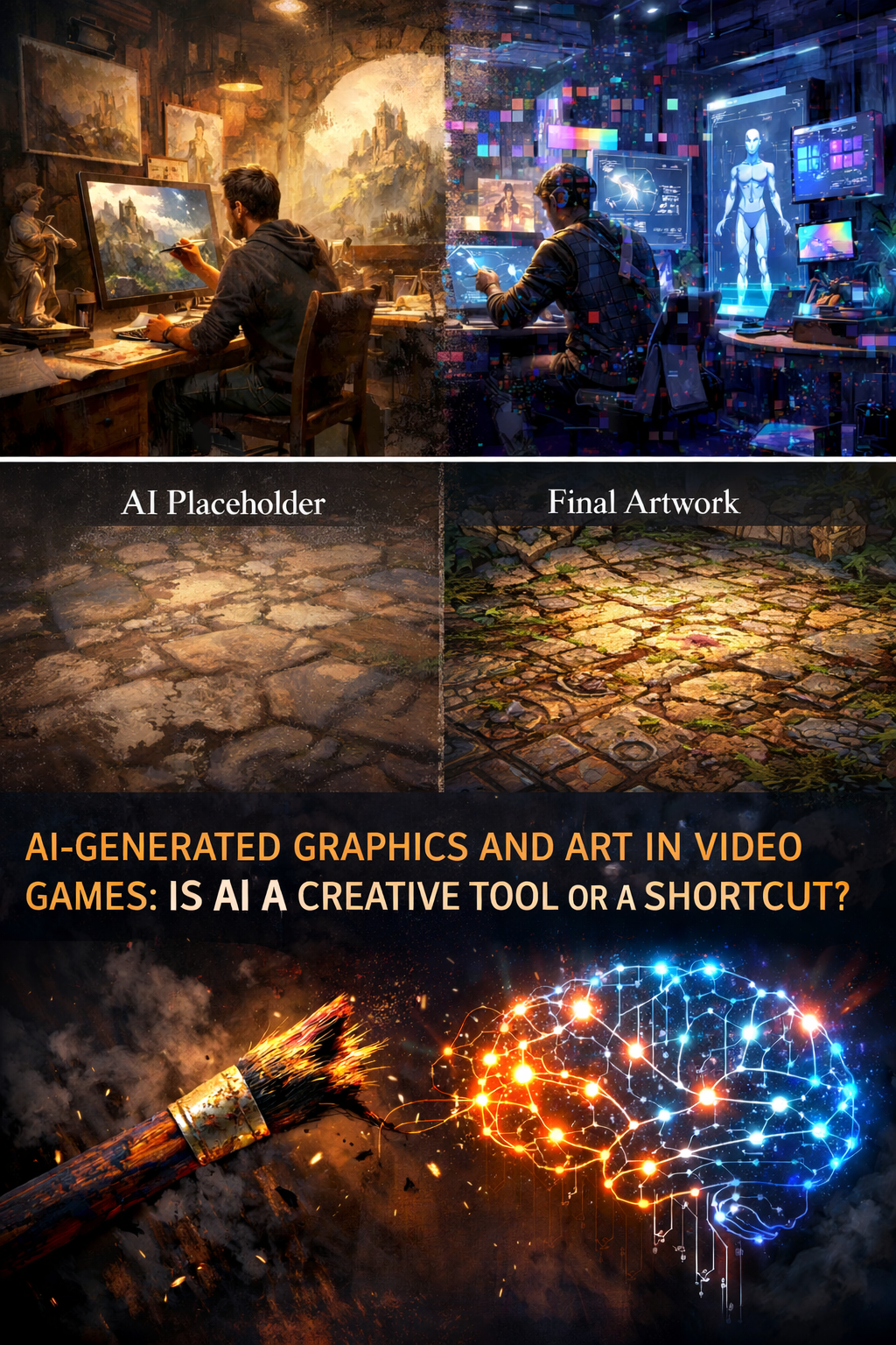 Comparison between AI placeholder imagery and final human-created game art